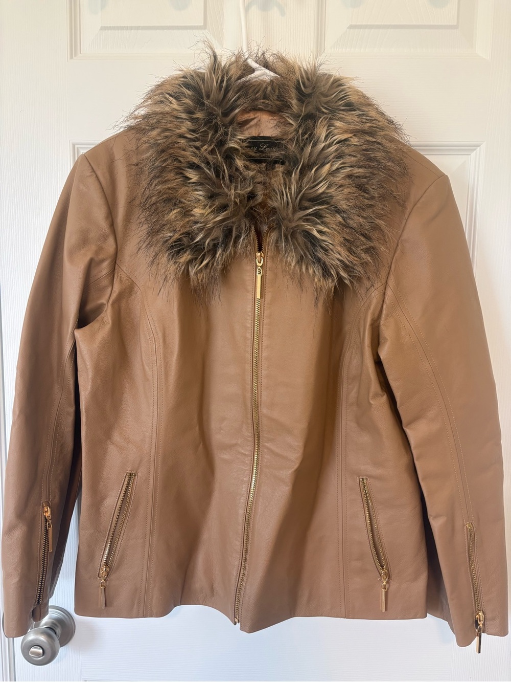 Terry Lewis Genuine Leather Jacket L Tan Faux Fur Collar Gold Zip Y2K